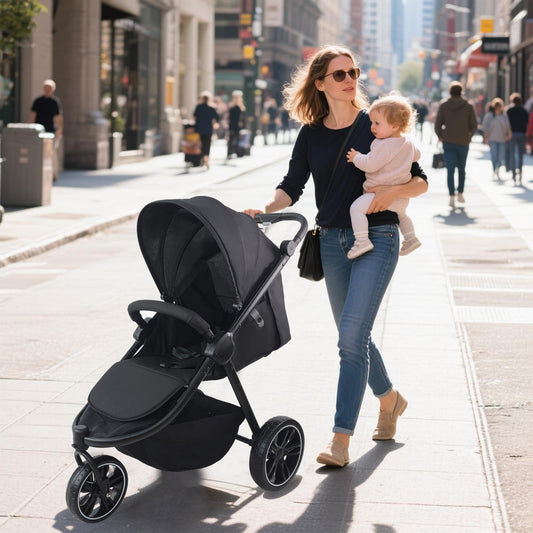 A woman walking on a city street while pushing a black stroller and carrying a baby.