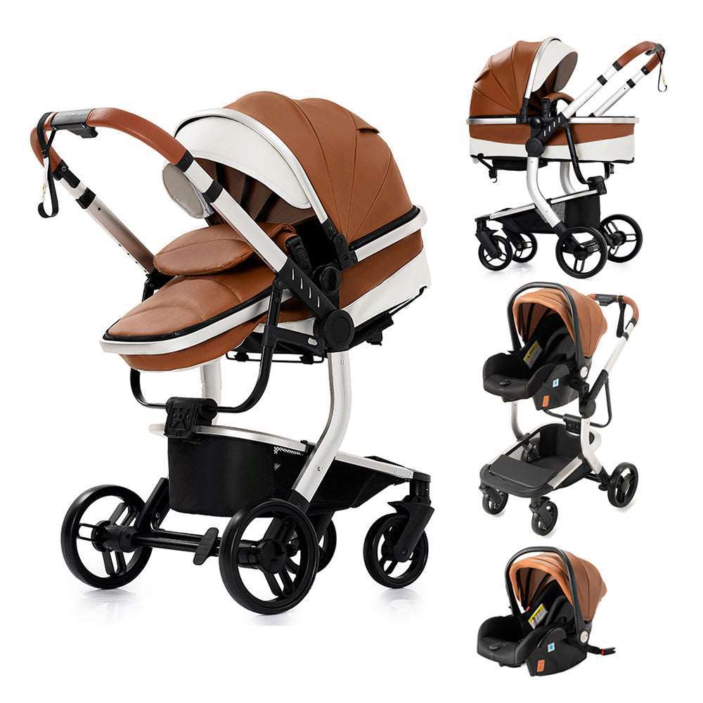 Sianldcone 3 in 1 Stroller - Premium Leather Stroller With Aluminum Frame & Safety Car Seat Khaki