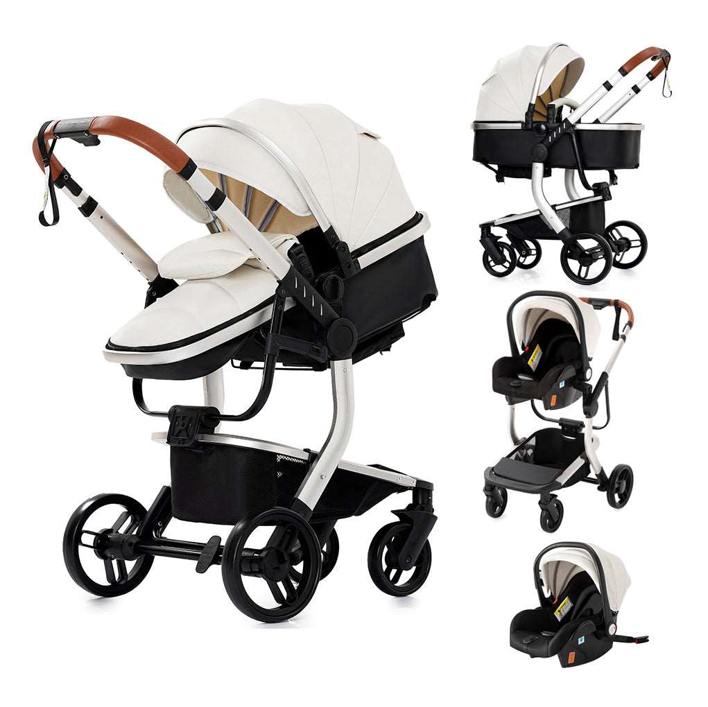 Sianldcone 3 in 1 Stroller - Premium Leather Stroller With Aluminum Frame & Safety Car Seat White