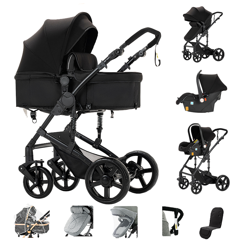 Sianldcone 3 in 1 Newborn Stroller - Aviation Aluminum Alloy Frame & Safety Car Seat Black