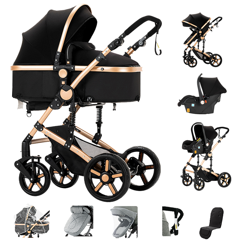 Sianldcone 3 in 1 Newborn Stroller - Aviation Aluminum Alloy Frame & Safety Car Seat Blackgold