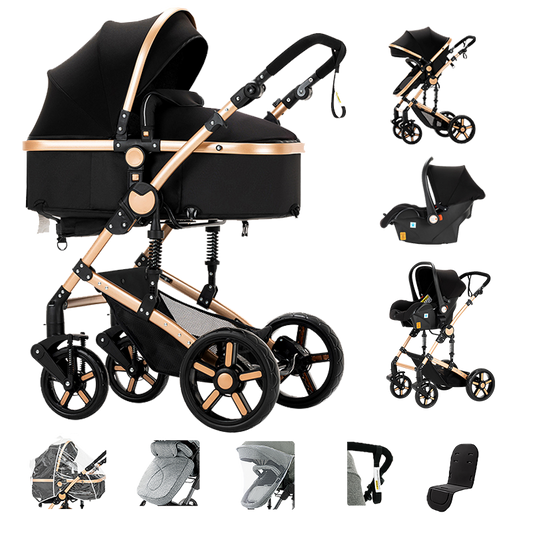 Sianldcone 3 in 1 Newborn Stroller - Aviation Aluminum Alloy Frame & Safety Car Seat Blackgold
