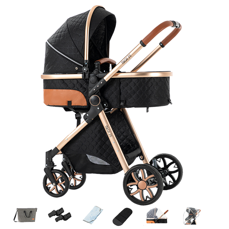 Sianldcone R9 Newborn Stroller - Black and Gold Stroller with Bonus Accessories