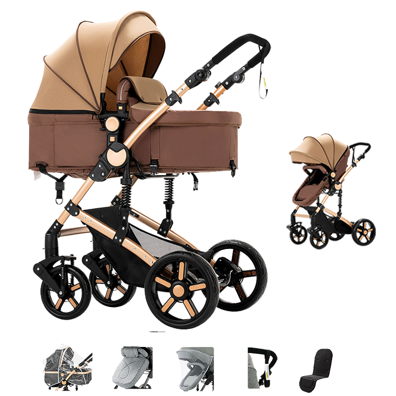 Sianldcone R588 Newborn Stroller - Brown and Gold 3-in-1 Travel System