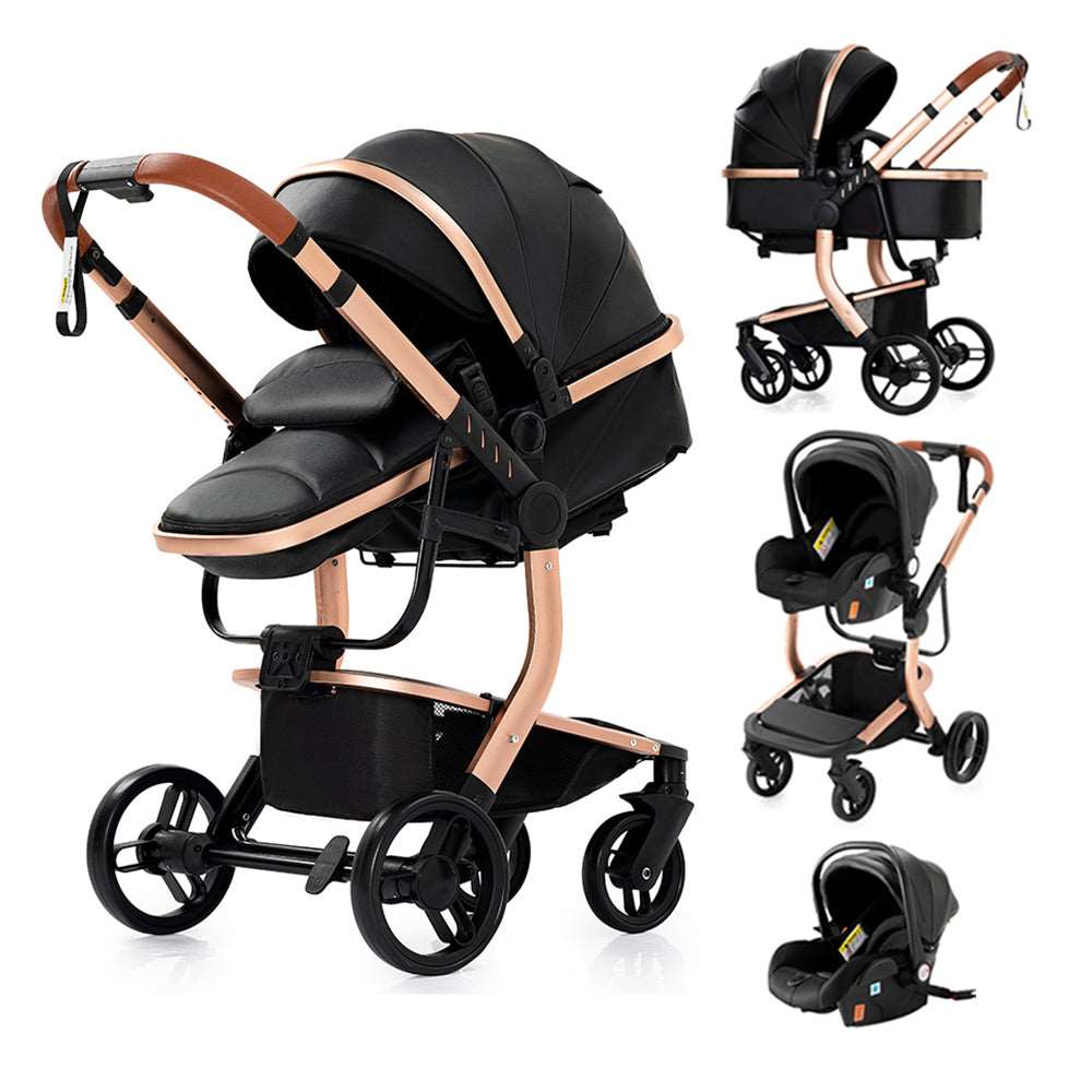 Sianldcone 3 in 1 Stroller - Premium Leather Stroller With Aluminum Frame & Safety Car Seat Blackgold