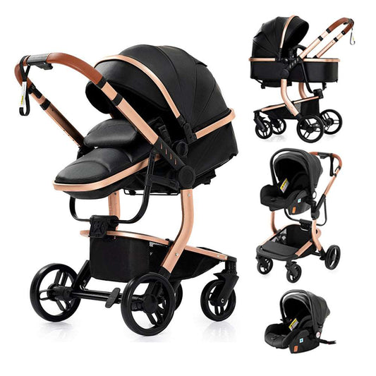 Sianldcone 3 in 1 Stroller - Premium Leather Stroller With Aluminum Frame & Safety Car Seat Blackgold
