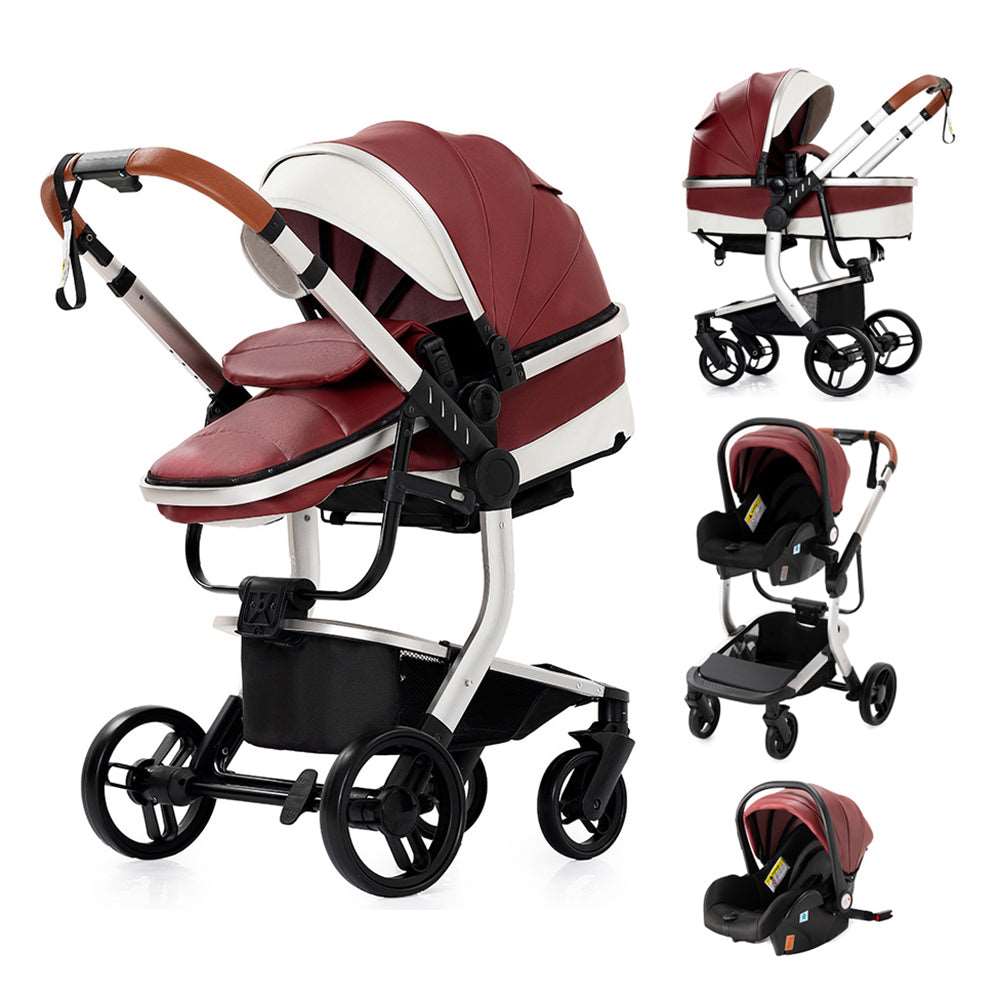 Sianldcone 3 in 1 Stroller - Premium Leather Stroller With Aluminum Frame & Safety Car Seat Red