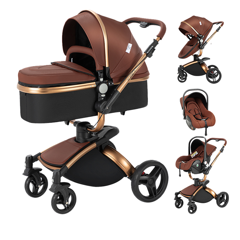 Sianldcone R906 Luxury Leather Stroller and Car Seat Combo - Brown