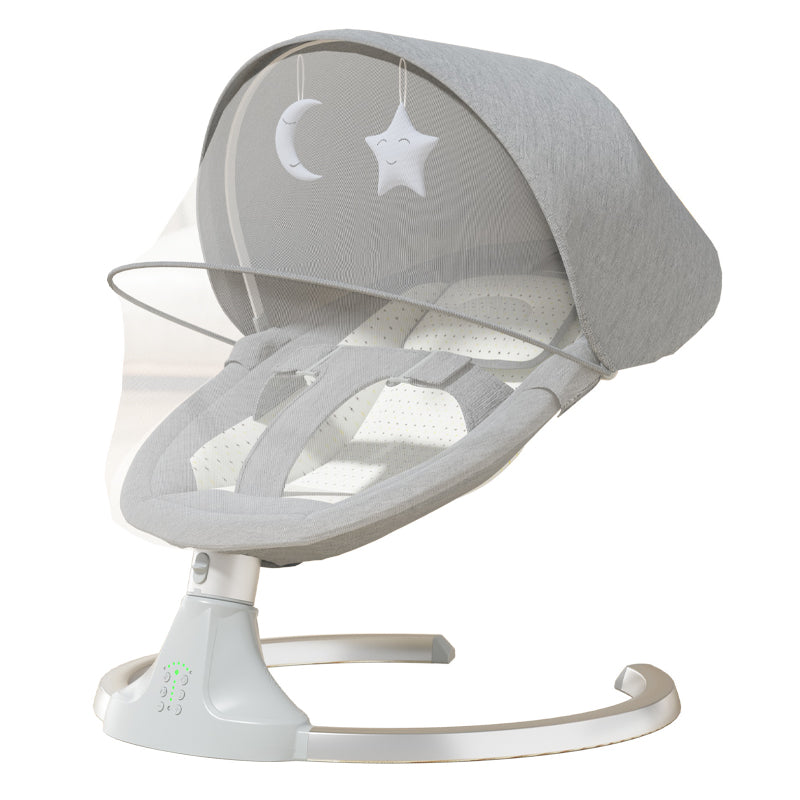 Sianldcone M3 Electric Baby Bouncer - Gray baby bouncer with canopy and toys.