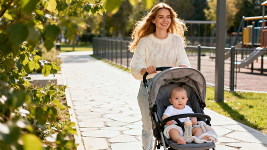 Mother pushing stroller in a park on a sunny day