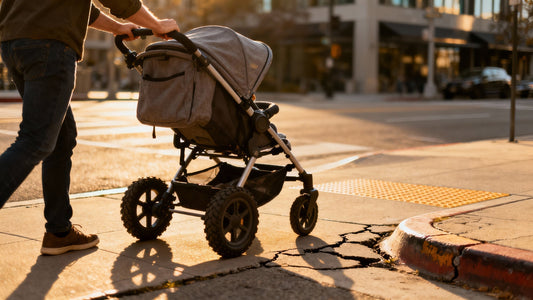Parent pushing stroller over cracked sidewalk near curb ramp