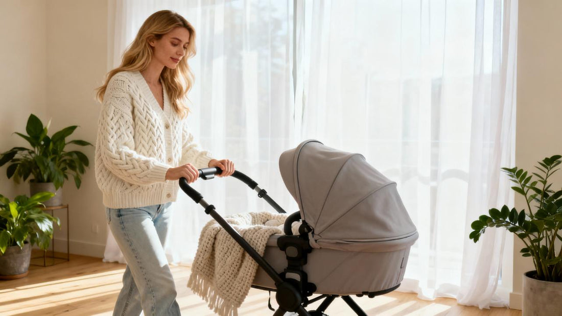 Mother pushing a stroller inside the house near window