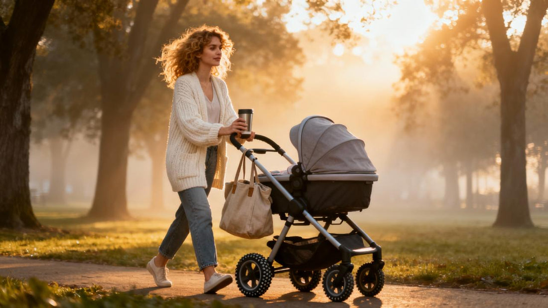 Woman walking with baby stroller in park holding coffee cup
