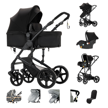 Sianldcone 3 in 1 Newborn Stroller - Aviation Aluminum Alloy Frame & Safety Car Seat Black