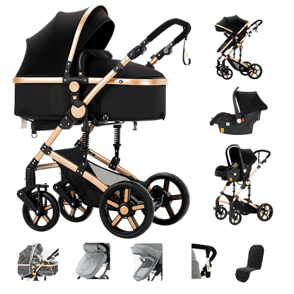 Sianldcone 3 in 1 Newborn Stroller - Aviation Aluminum Alloy Frame & Safety Car Seat Blackgold