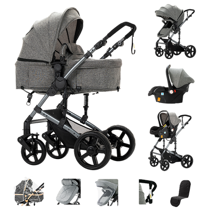 Sianldcone 3 in 1 Newborn Stroller - Aviation Aluminum Alloy Frame & Safety Car Seat Grey