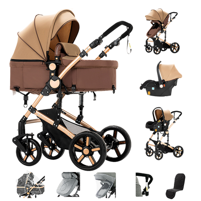 Sianldcone 3 in 1 Newborn Stroller - Aviation Aluminum Alloy Frame & Safety Car Seat Khaki