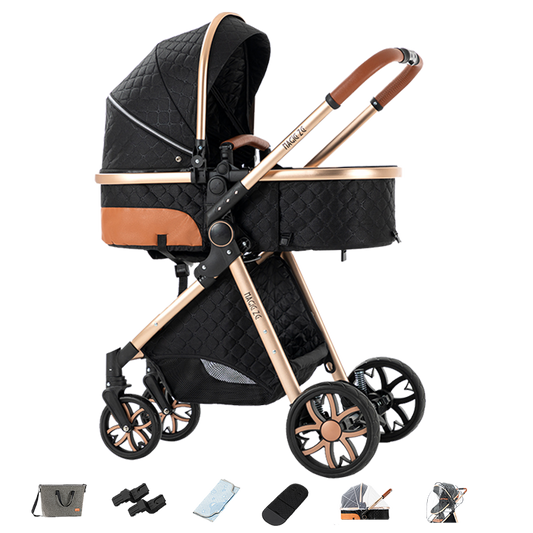 Sianldcone R9 Newborn Stroller - Black and Gold Stroller with Bonus Accessories