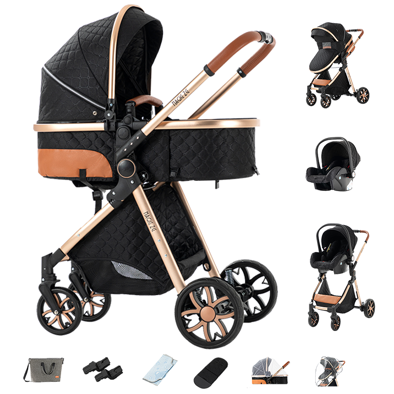 Sianldcone 3 in 1 Baby Stroller - Aviation Aluminum Alloy Frame & Safety Car Seat Blackgold
