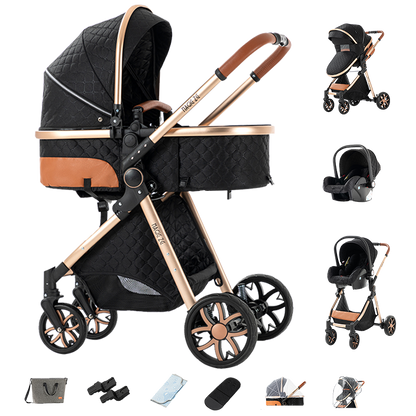 Sianldcone 3 in 1 Baby Stroller - Aviation Aluminum Alloy Frame & Safety Car Seat Blackgold