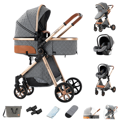 Sianldcone 3 in 1 Baby Stroller - Aviation Aluminum Alloy Frame & Safety Car Seat Grey