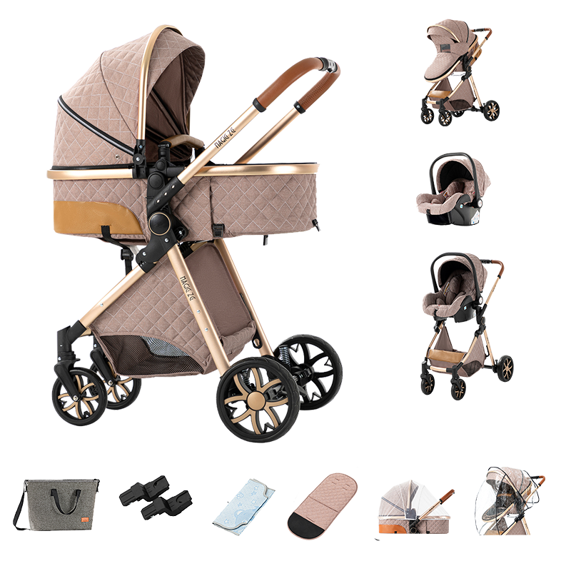 Sianldcone 3 in 1 Baby Stroller - Aviation Aluminum Alloy Frame & Safety Car Seat Khaki