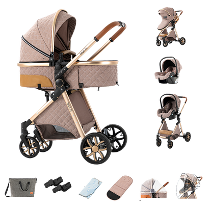 Sianldcone 3 in 1 Baby Stroller - Aviation Aluminum Alloy Frame & Safety Car Seat Khaki
