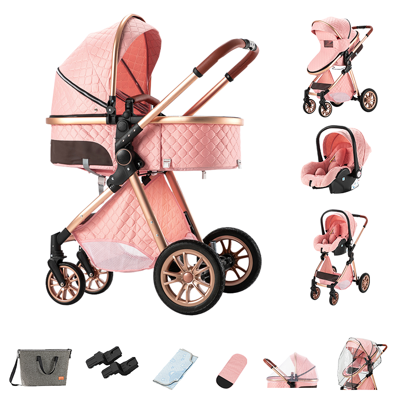 Sianldcone 3 in 1 Baby Stroller - Aviation Aluminum Alloy Frame & Safety Car Seat Pink