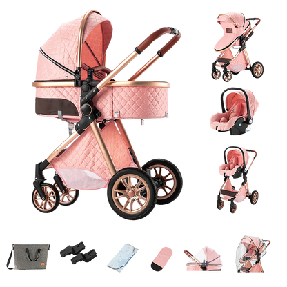 Sianldcone 3 in 1 Baby Stroller - Aviation Aluminum Alloy Frame & Safety Car Seat Pink