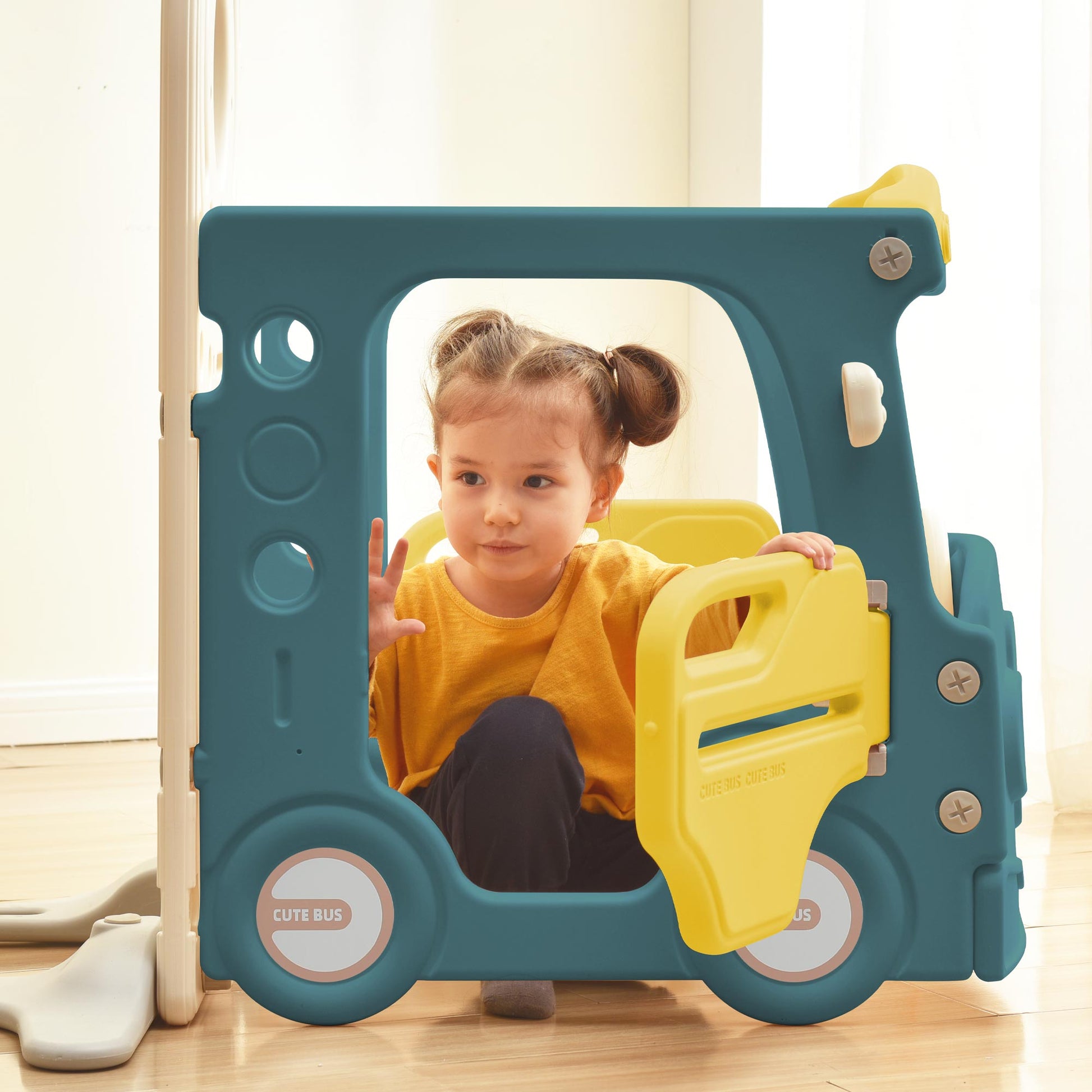 Sianldcone Child playing on a bus-themed slide, Cute Bus