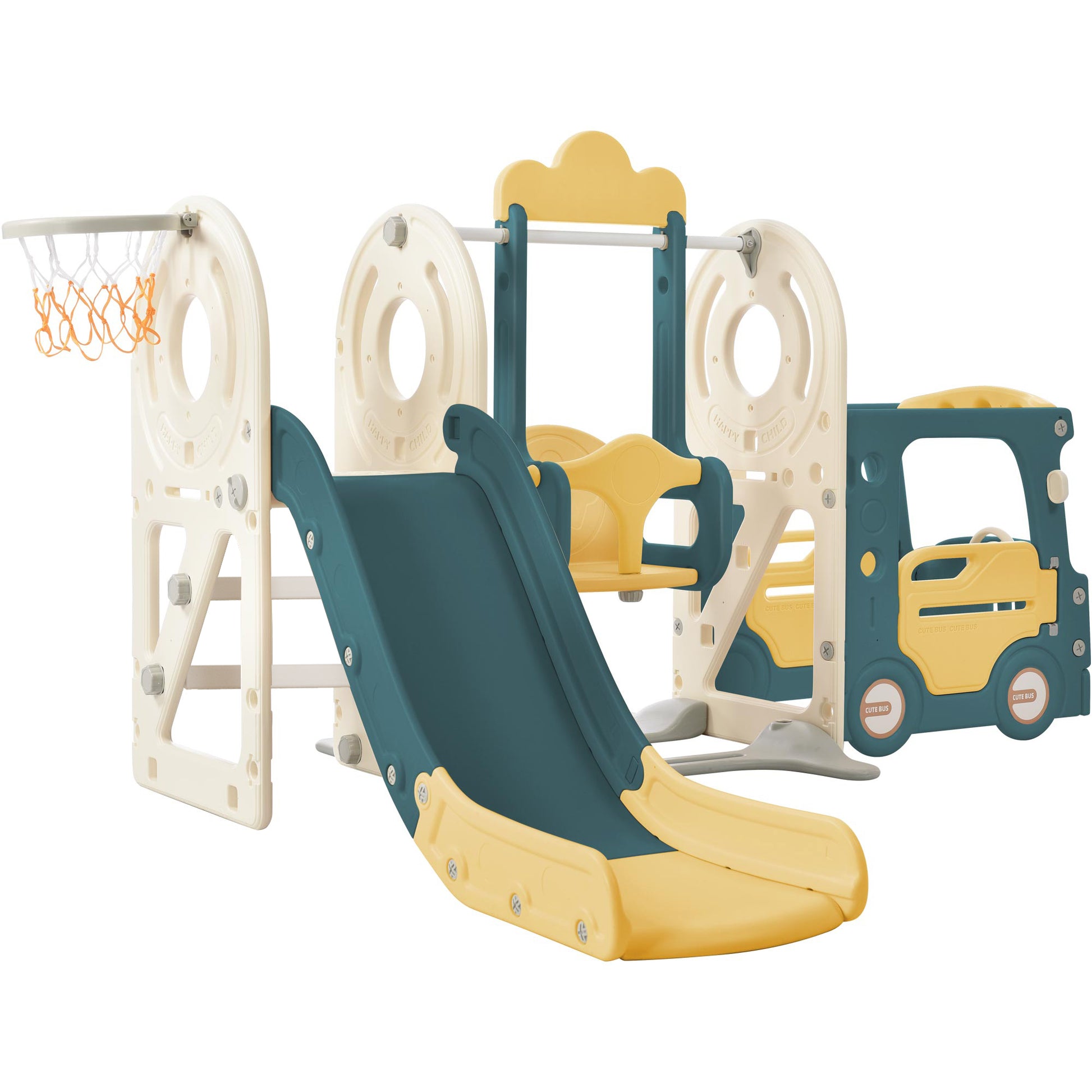 Sianldcone Bus-themed baby slide with swing and basketball hoop