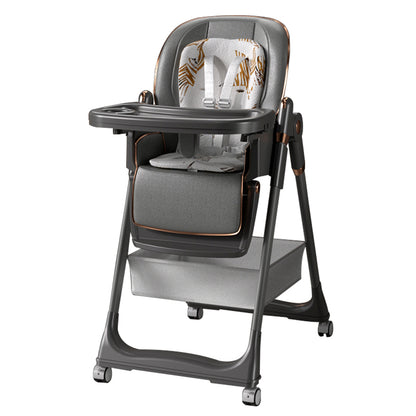 Sianldcone R8122 Baby High Chair - Grey and gold design with tray and wheels