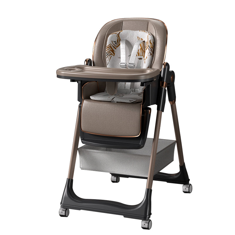 Sianldcone R8122 Baby High Chair - Taupe and gold design with wheels
