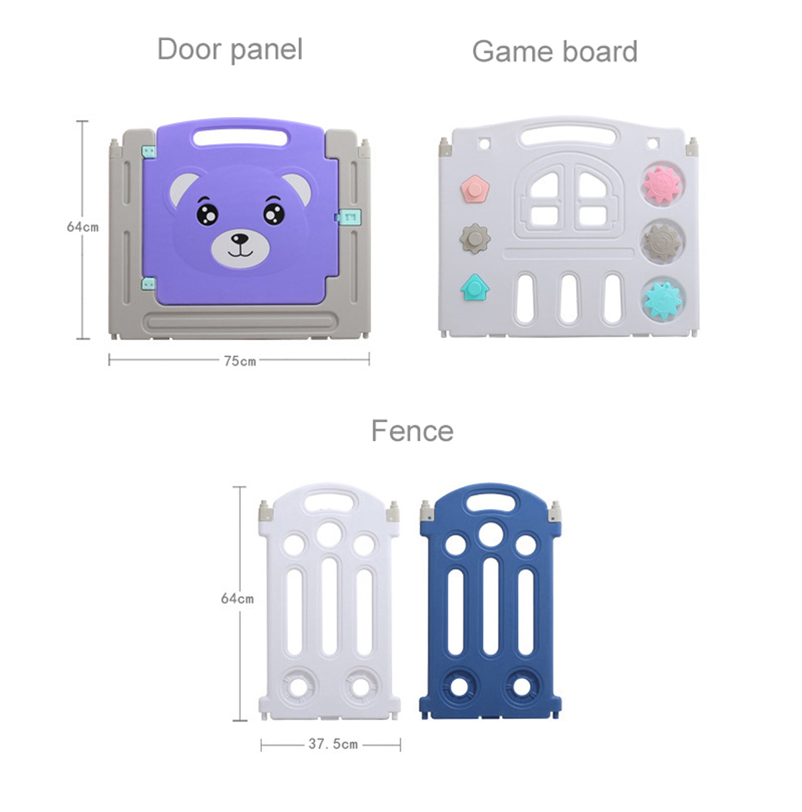 sianldcone WLB Baby Playpen - Components: door panel, game board, and fence panels
